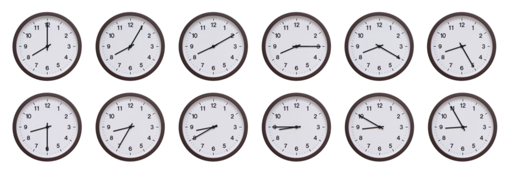 Sequence of dark brown wooden wall clocks showing time progression from 08.00 to 08.55. Ideal for concepts of time management, scheduling, and time flow