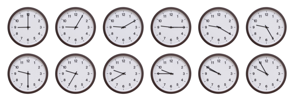 Sequence of dark brown wooden wall clocks showing time progression from 09.00 to 09.55. Ideal for concepts of time management, scheduling, and time flow