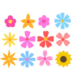 Set of colorful spring flowers.Chamomile daisy and sunflower.Plant collection.Fresh and blooming.Graphic flat design.Element and banner.Sign, symbol, icon or logo isolated.Cartoon vector illustration.