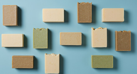 Assorted Handmade Soaps Displayed on a Light Blue Surface, Showcasing Natural Ingredients and Earthy Tones for an Aesthetic Touch in Skincare Products