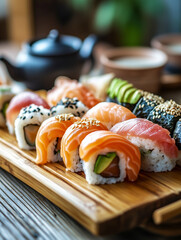 Close-up of assorted sushi rolls with salmon, tuna, and avocado on a wooden serving board. Concept of traditional Japanese cuisine, culinary art, and cultural dining experience.