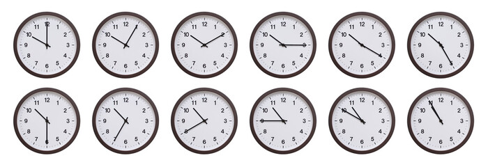 Sequence of dark brown wooden wall clocks showing time progression from 10.00 to 10.55. Ideal for...