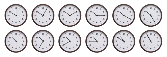 Sequence of dark brown wooden wall clocks showing time progression from 10.00 to 10.55. Ideal for concepts of time management, scheduling, and time flow
