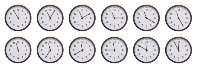 Sequence of dark brown wooden wall clocks showing time progression from 11.00 to 11.55. Ideal for concepts of time management, scheduling, and time flow