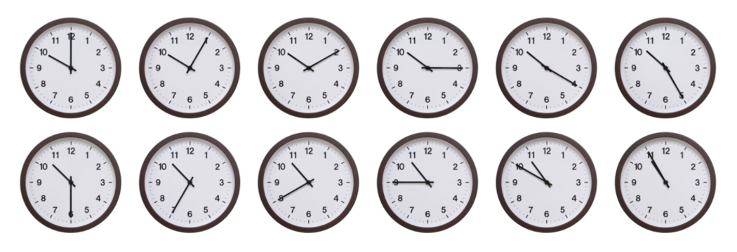 Sequence of dark brown wooden wall clocks showing time progression from 10.00 to 10.55. Ideal for concepts of time management, scheduling, and time flow