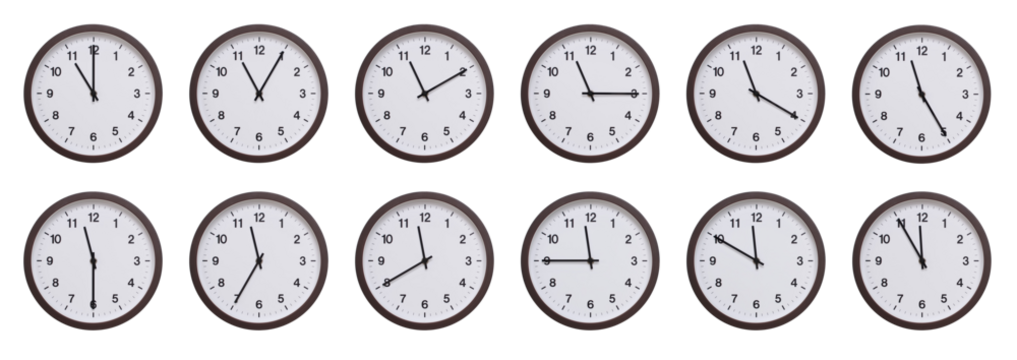 Sequence of dark brown wooden wall clocks showing time progression from 11.00 to 11.55. Ideal for concepts of time management, scheduling, and time flow - Powered by Adobe