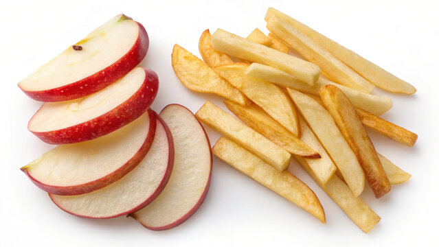 Isolated fast food meal of French fries and healthy apple slices on a white background - Powered by Adobe