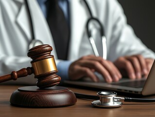 Doctor with Law, Medical Malpractice, and Laptop.