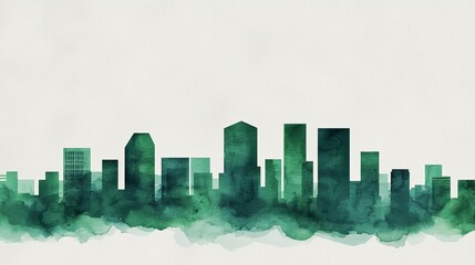 Obraz premium A beautiful watercolor skyline in green tones, showcasing modern architectural designs.
