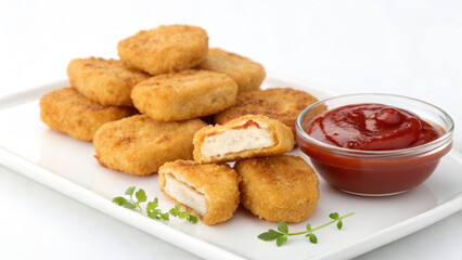 A delicious plate of isolated boneless smashed fried chicken nuggets and fish and chips appetizer