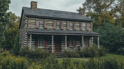 Fototapeta premium Historic log cabin surrounded by lush greenery and wildflowers under overcast sky