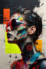 Retro futuristic poster with 80s and 90s high fashion aesthetic. Grunge noise Creative Mixed media collage. Stylish vintage backdrop, grunge graphic design style.