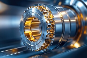 Shiny gear mechanism with golden interior. mechanical engineering and design concept