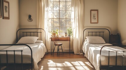 Fototapeta premium Sunlit twin beds in a cozy room with fall foliage outside. Possible use Interior design photography