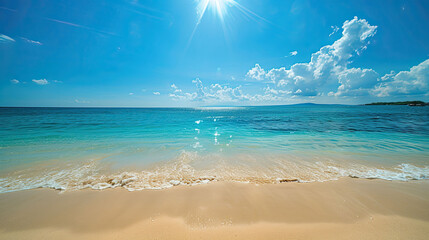 A serene beach scene with bright sun, crystal-clear turquoise water and soft sand under clear blue sky.