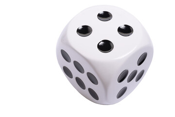 Isolated large white die or dice with black dots on transparent background, template of a die or dice, gambling addiction or table game concept, PNG