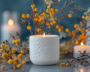 Scented candle,  yellow berries,  winter branches,  lit candles,  gray background