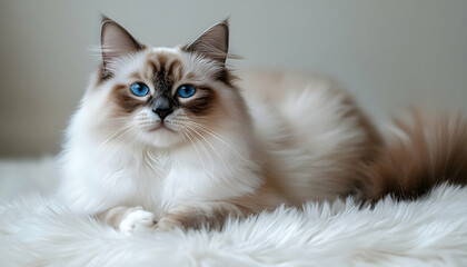 A fluffy cat with striking blue eyes lounging on a soft white rug in a cozy indoor setting