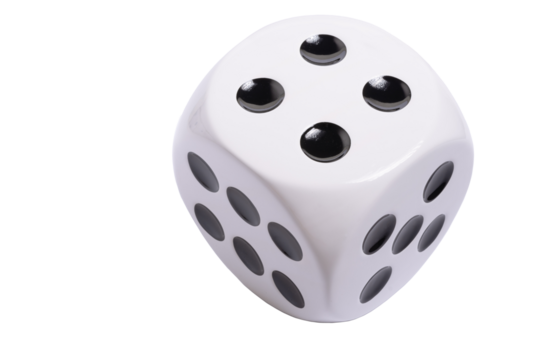 Isolated large white die or dice with black dots on transparent background, template of a die or dice, gambling addiction or table game concept, PNG