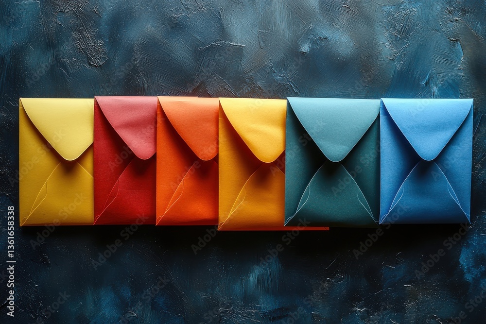 Poster Colorful envelopes arranged in a row on a textured blue background showcasing creativity and organization in stationery