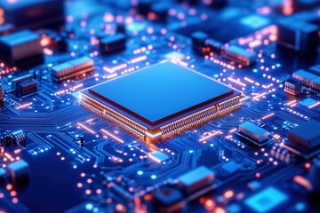 Obraz premium High-tech microchip on illuminated motherboard. innovation and data transfer