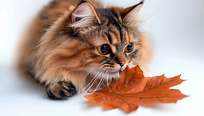Naklejka premium A fluffy cat with striking eyes curiously examines a vibrant autumn leaf on a soft background