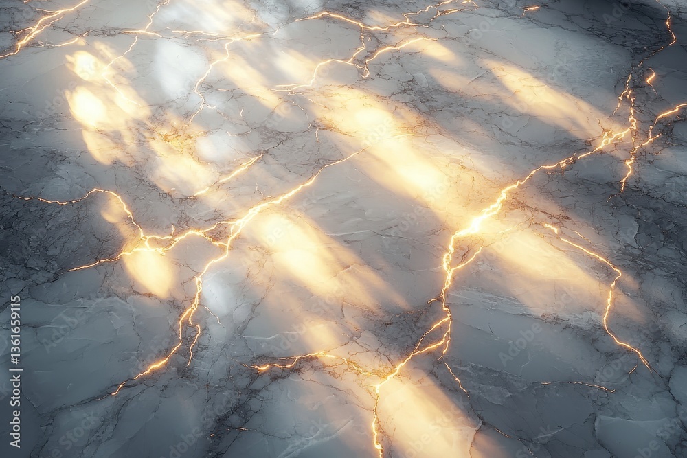 Poster Light reflects on cracked marble floor displaying intricate patterns and textures in a dramatic setting
