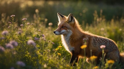 A fox in a sunlit meadow surrounded by wildflowers, showcasing nature's beauty.