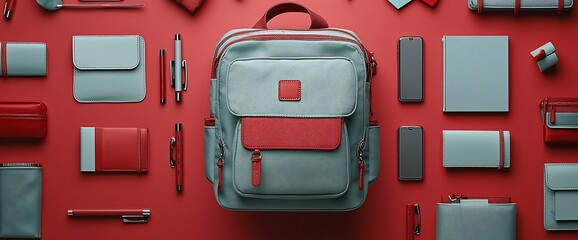 School Supplies Backpack on Red Background