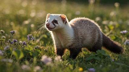 A ferret exploring a field of flowers in warm sunlight.