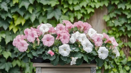 Naklejka premium Vibrant display of pink and white flowers in lush green garden setting throughout sunny day