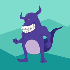 A fierce purple monster with a mischievous grin standing in a fantasy landscape