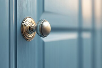 Metal door knob on light blue wooden door. home access and classic interior detail