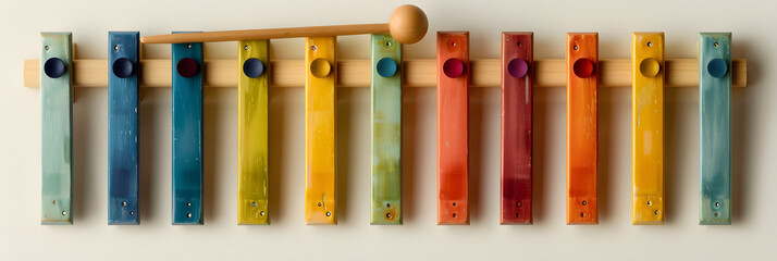 Overhead View of Vibrant Xylophone Highlighting the Music Notes and Mallets
