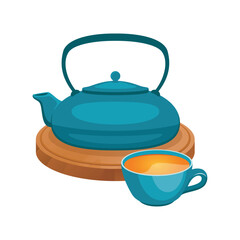 Teal asian teapot and teacup on a wooden board vector illustration. Tea drink, teapot and cup icon set isolated on a white background. Blue teapot and cup of tea on wooden tray drawing