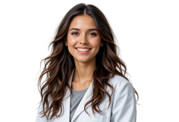Confident Female Doctor in White Lab Coat Isolated on Transparent Background – Healthcare and Clinic Content