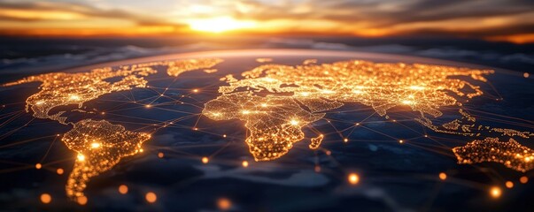 Fototapeta premium A stunning aerial view of a illuminated world map at sunset, showcasing interconnected cities through glowing lines and lights.