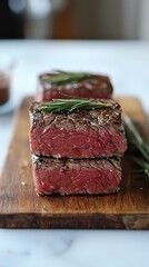 Seared Steak with Rosemary on Wooden Board