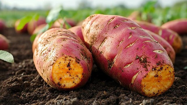 Freshly Harvested Sweet Potatoes Vibrant Colors and Rich Soil Showcase Beauty of Agriculture and Root Vegetables
