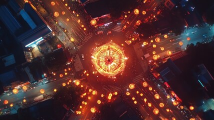 Spectacular aerial night view of a festively illuminated roundabout with traffic