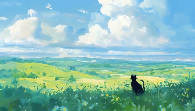 black cat sitting and looking at mountain scenic  and against cloudy sky. oil painting. illustration.