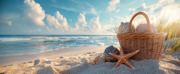 Seashore Basket with Shells and Starfish