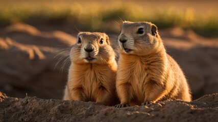Two prairie dogs sitting together near their burrow in a natural setting.