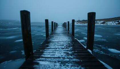 Fototapeta premium Frozen Wooden Dock at Dusk