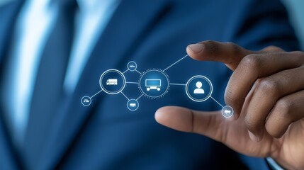 Strategic network planning, businessman illustrating interconnected systems and growth