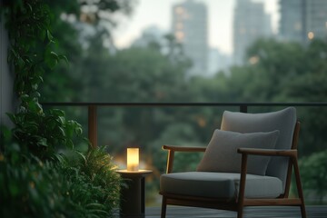 Fototapeta premium Cozy armchair on terrace with city view at dusk. urban relaxation and comfort