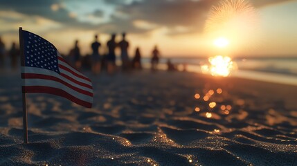 American Flag on Sandy Beach at Sunset with Blurred Crowd in Background

