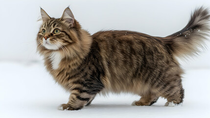 Obraz premium A fluffy Siberian cat walking gracefully through a snowy landscape, with soft snowflakes falling around