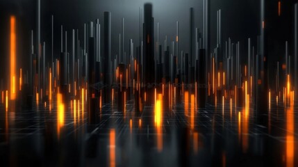 Obraz premium Dramatic and futuristic cityscape with tall illuminated skyscrapers reflecting in dark moody waters creating a surreal dystopian atmosphere