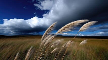 Obraz premium Fluffy grass blows in a field under dramatic sky